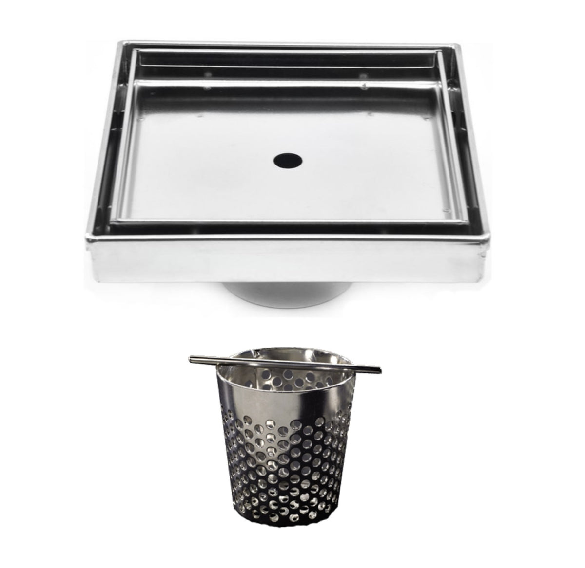 6 inch Polished Stainless Steel Square Shower Drain with Hair Trap Set (2 Designs)