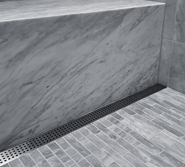 72 Inch Wall-Adjacent Linear Shower Drain, Polished Square Design