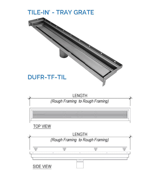 72 Inch Tile Insert Linear Drain, Wall Mount Three Side Return Flange, Drains Unlimited