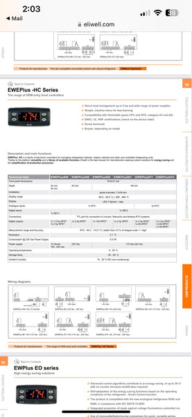 Refrigeration Controller, Eliwell EWPlus 961 1Hp NTC, 115Vac, W/P-HC