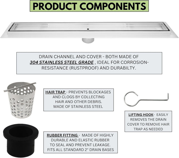 Tile Insert Linear Shower Drain, Brushed Stainless Steel | SereneDrains