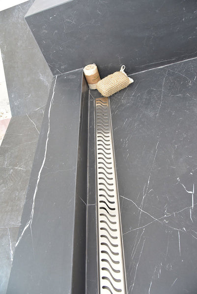 Linear Drain Brushed Nickel Ocean Wave Design, SereneDrains