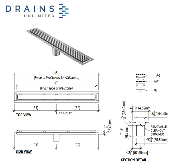 53 Inch Linear Drain Square Design Polished Stainless Steel, Drains Unlimited