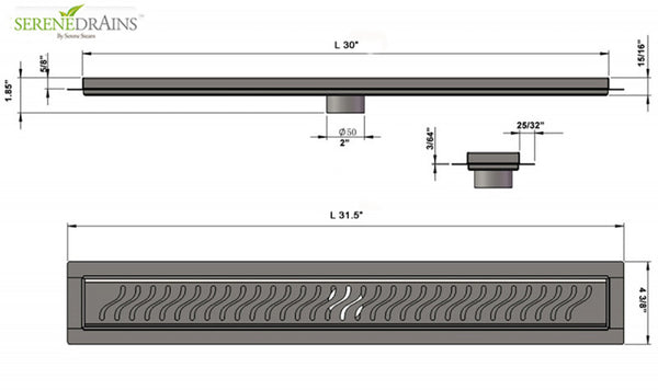 30 Inch Linear Drain Brushed Nickel Ocean Wave Design, SereneDrains