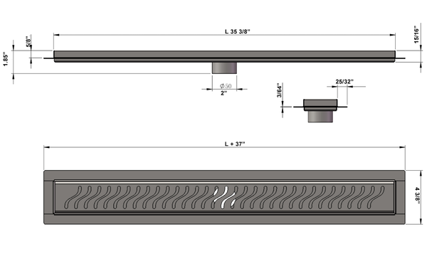 35 Inch Linear Drain Brushed Nickel Ocean Wave Design, SereneDrains