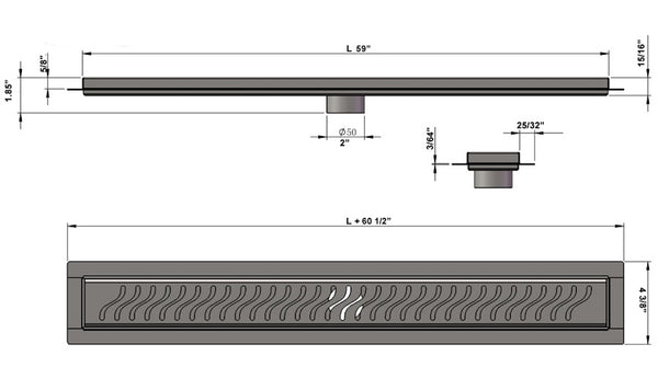 59 Inch Linear Drain Brushed Nickel Ocean Wave Design, SereneDrains