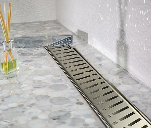 Shower Channel Drain Brushed Nickel Wind Design, SereneDrains